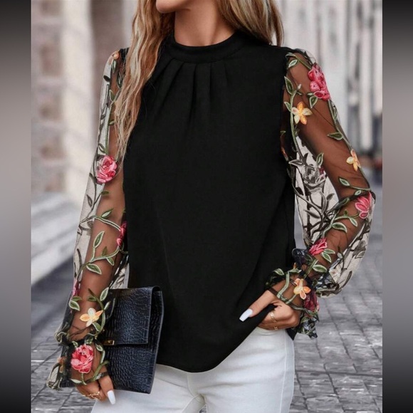 Boho Sheer Mesh Floral Embroidered Appliqués Long Sleeve Top Blouse Shirt BLACK - Picture 2 of 3